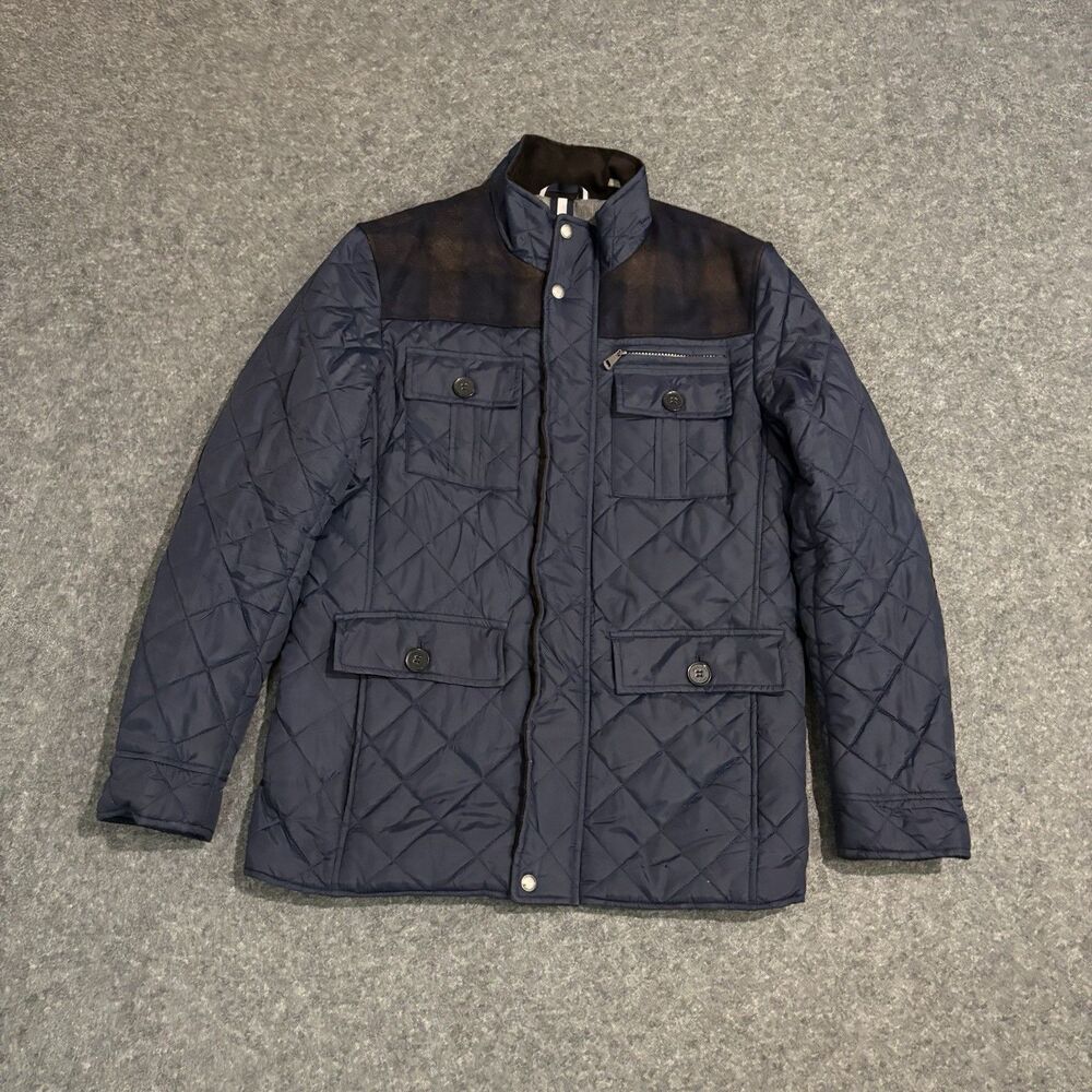 Cole Haan Mixed Media Signature Quilted Jacket Mens Small Full Zip Button Navy